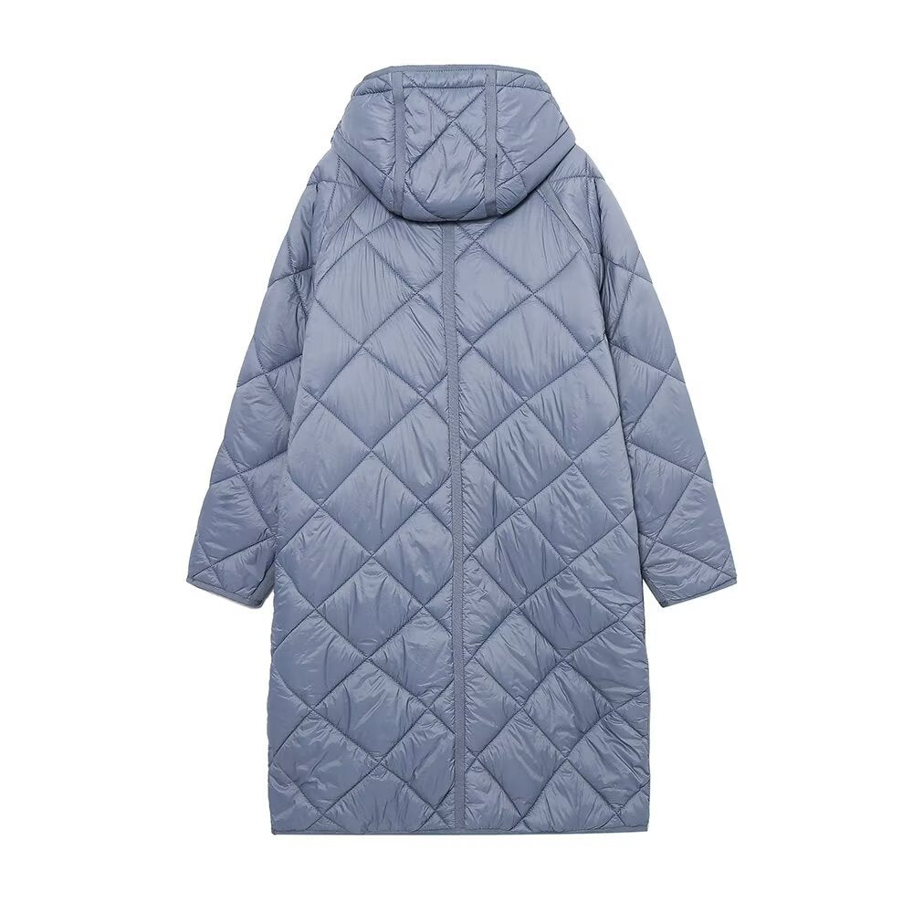 Essential Long Quilted Hooded Coat – Blue