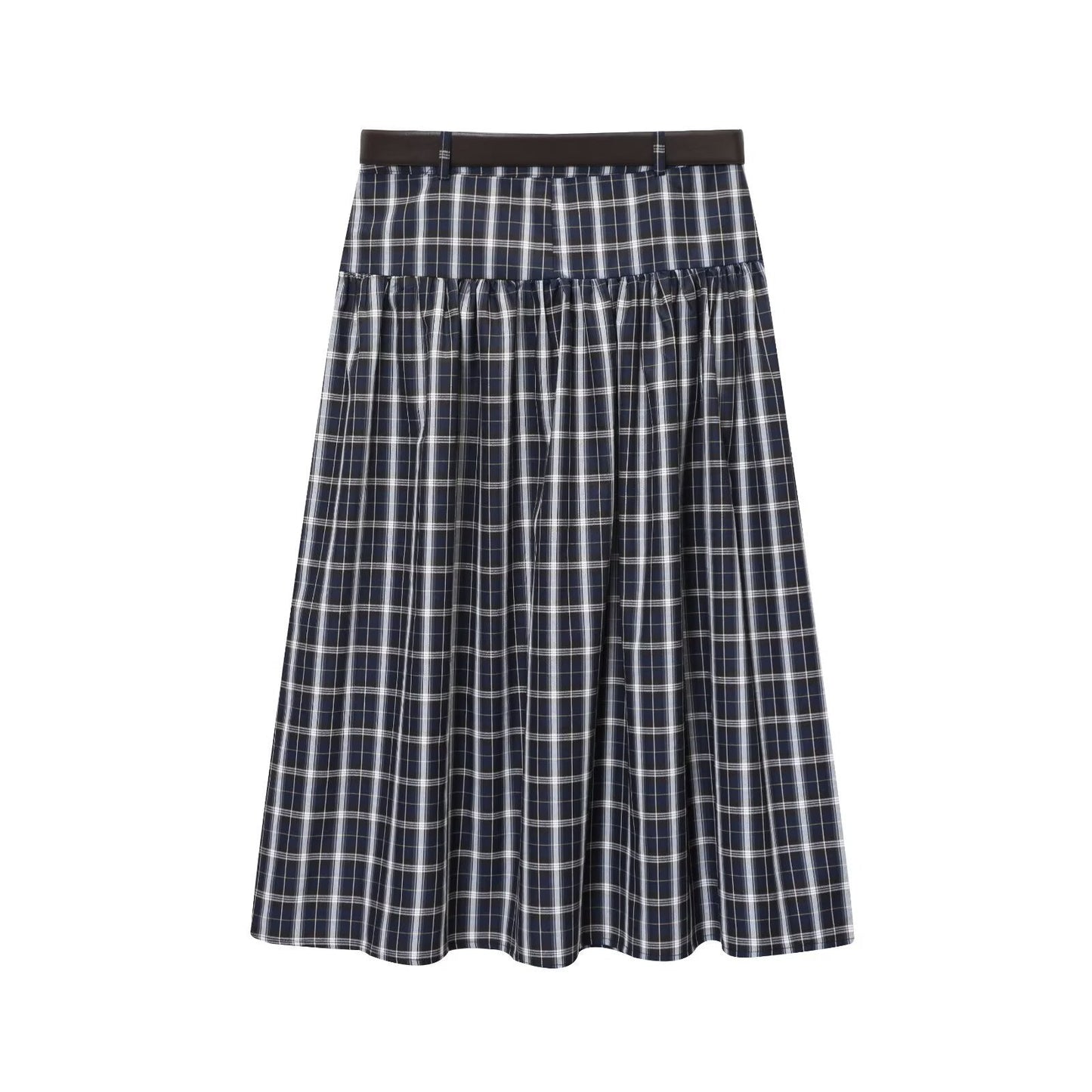 Luxe Belted Plaid Midi Skirt - Navy