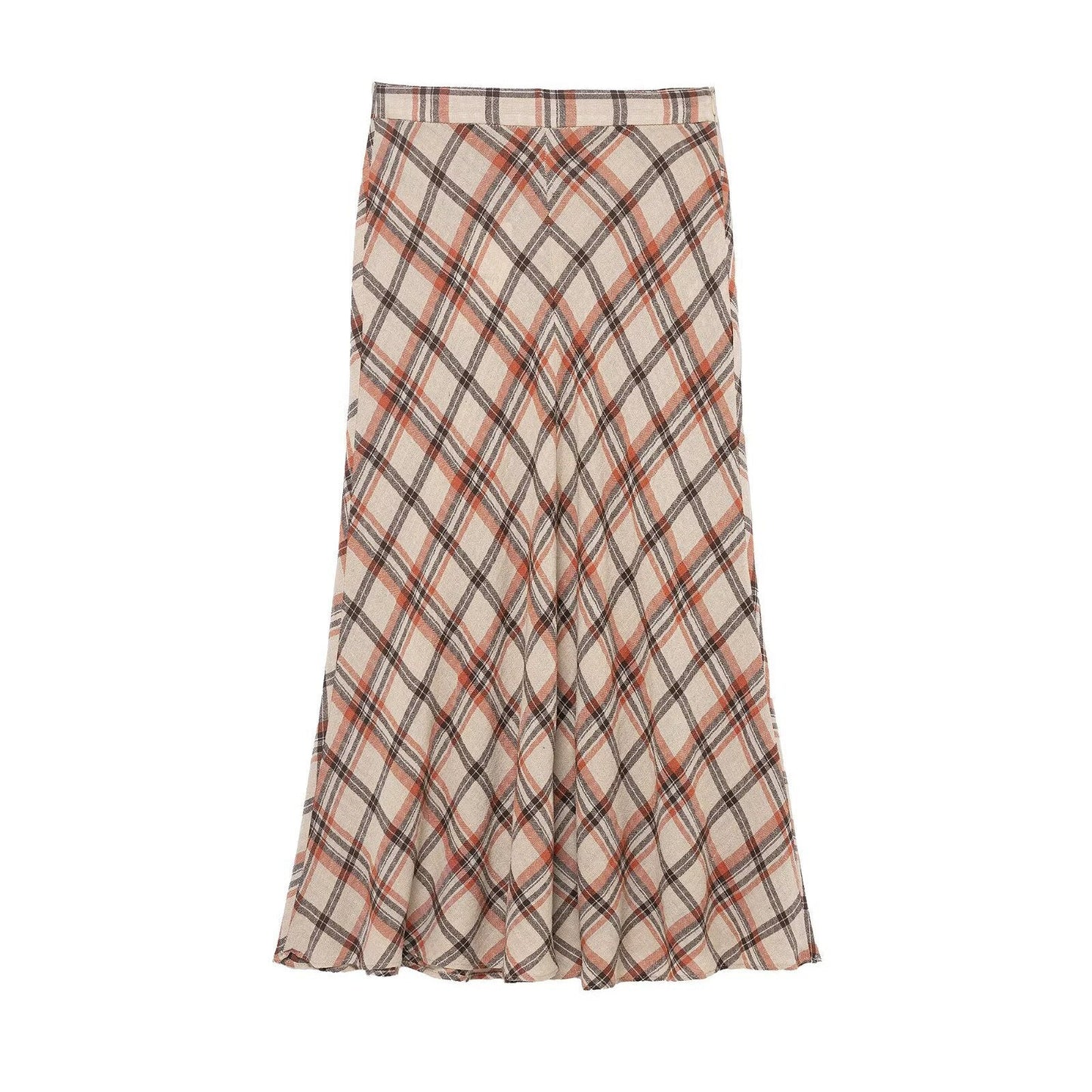 Vintage Soft Plaid Midi Skirt - Beige