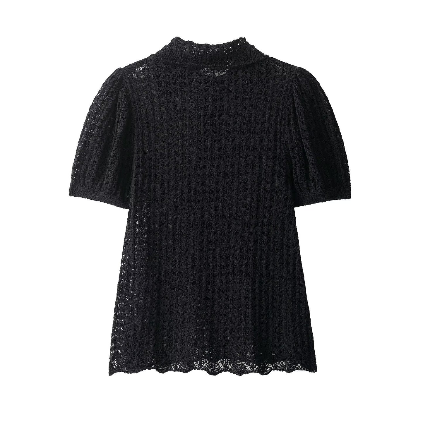 Chic Crochet Knit Puff Sleeve Polo Top - Black
