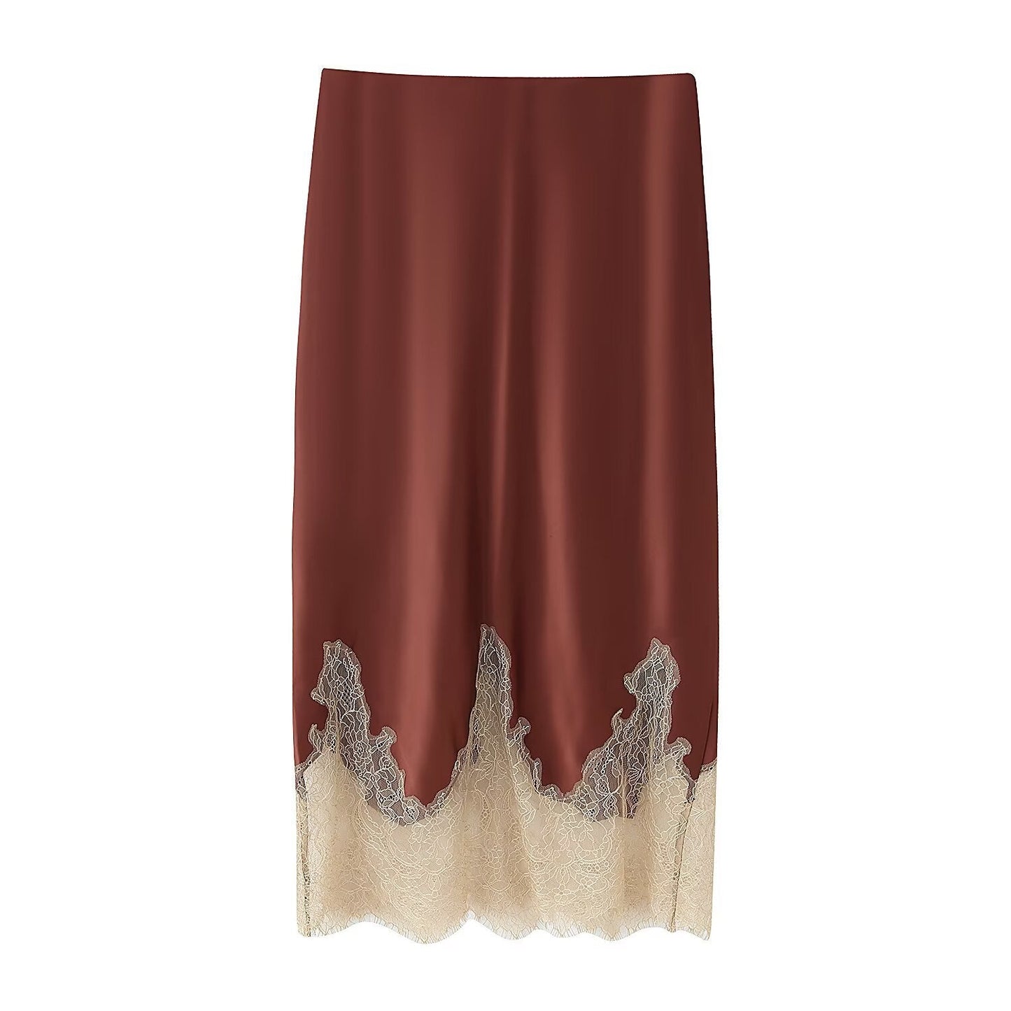 Luxe Lace Trim Midi Skirt - Brown