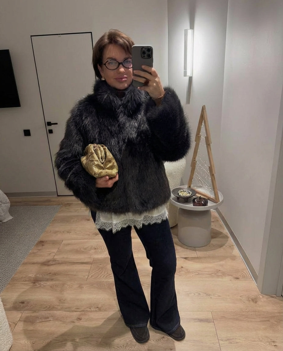 Luxe Plush-Collar Faux-Fur Coat