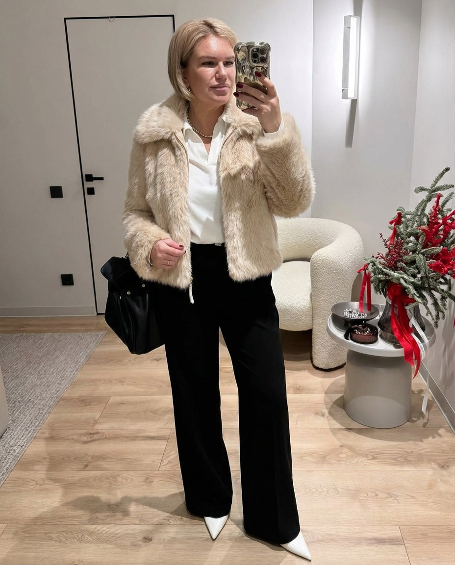 Studio Funnel-Collar Faux-Fur Jacket - White