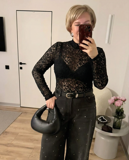 Edge Lace-Sheer Long-Sleeve Bodysuit - Black