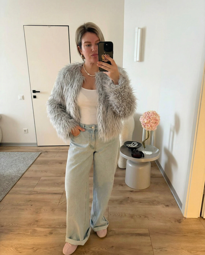 Studio Feathered-Pile Faux-Fur Coat - Gray
