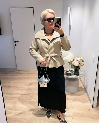 Luxe Foldover-Lapel Belted Jacket – Beige
