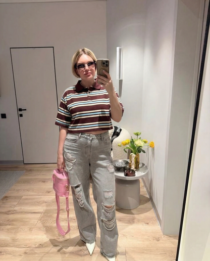 Stylish Striped Cropped Polo Shirt