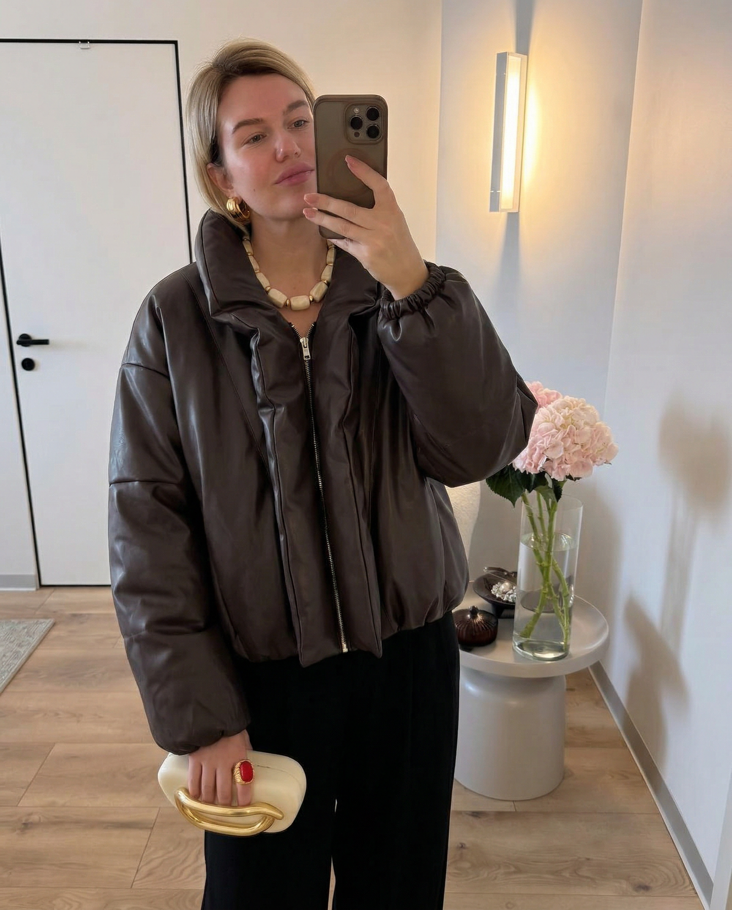 Edge Faux-Leather Puffer Jacket - Brown