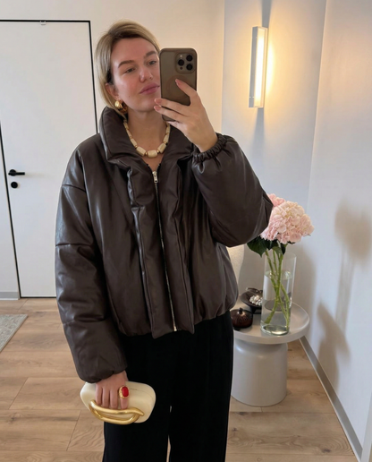 Edge Faux-Leather Puffer Jacket - Brown