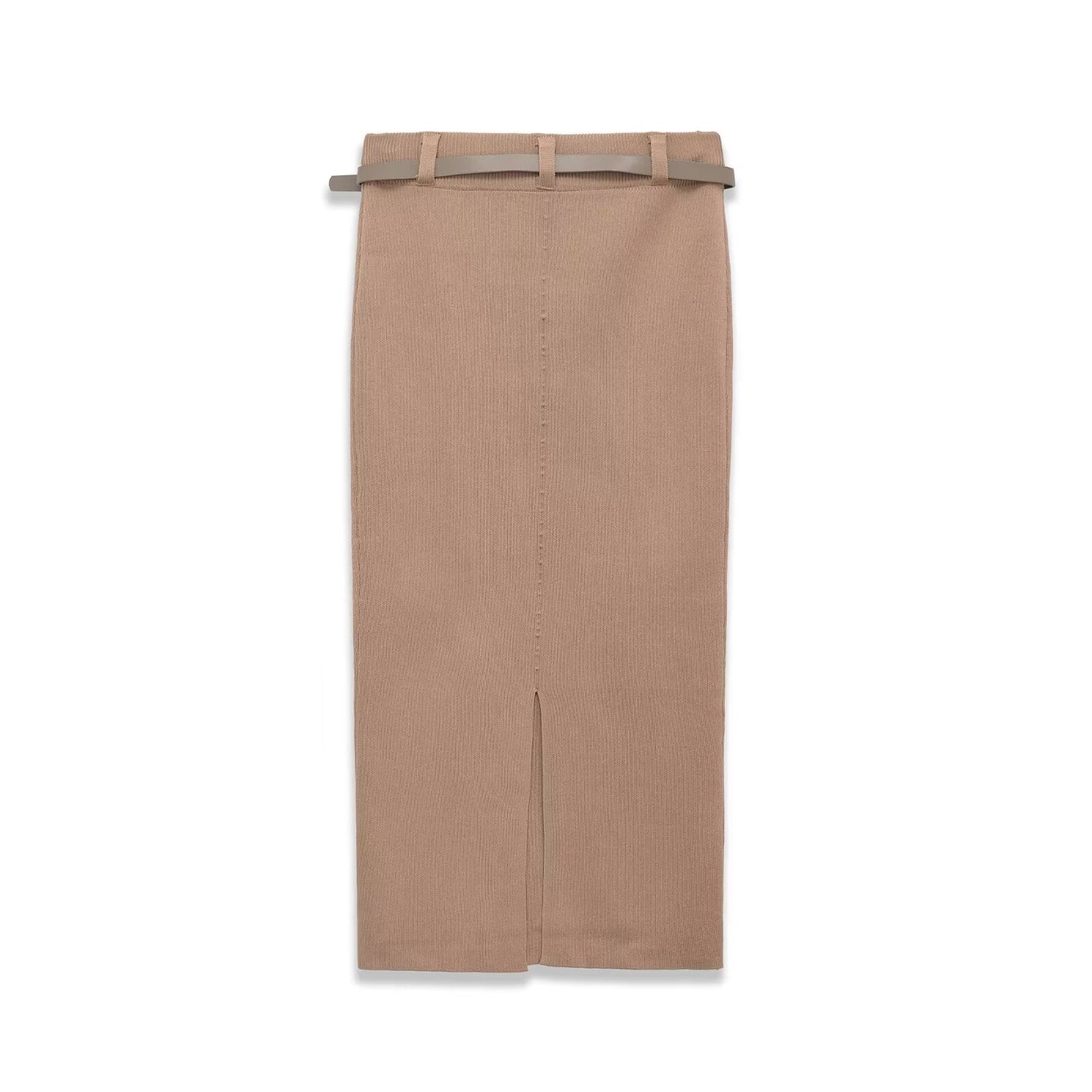 Essential Belted Knit Midi Skirt - Brown