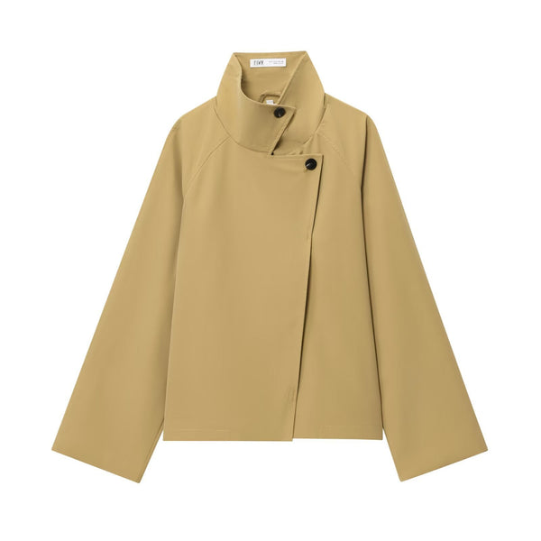 Luxe Asymmetric Funnel-Neck Jacket – Beige