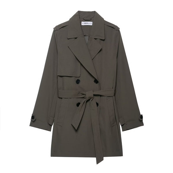 Luxe Front-Flap Belted Trench Jacket – Brown