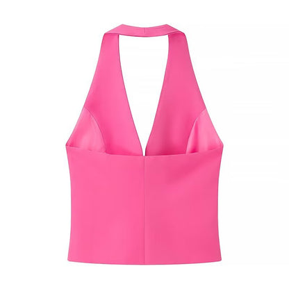 Elegant Fitted Halter Neck Top - Pink
