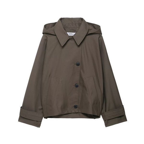 Casual Cropped Hooded Button Up Jacket - Brown