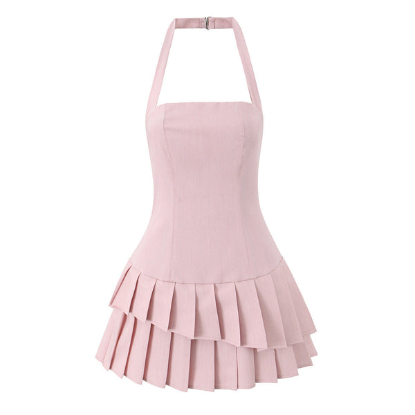 Essential Halter Tier Pleat Dress - Pink