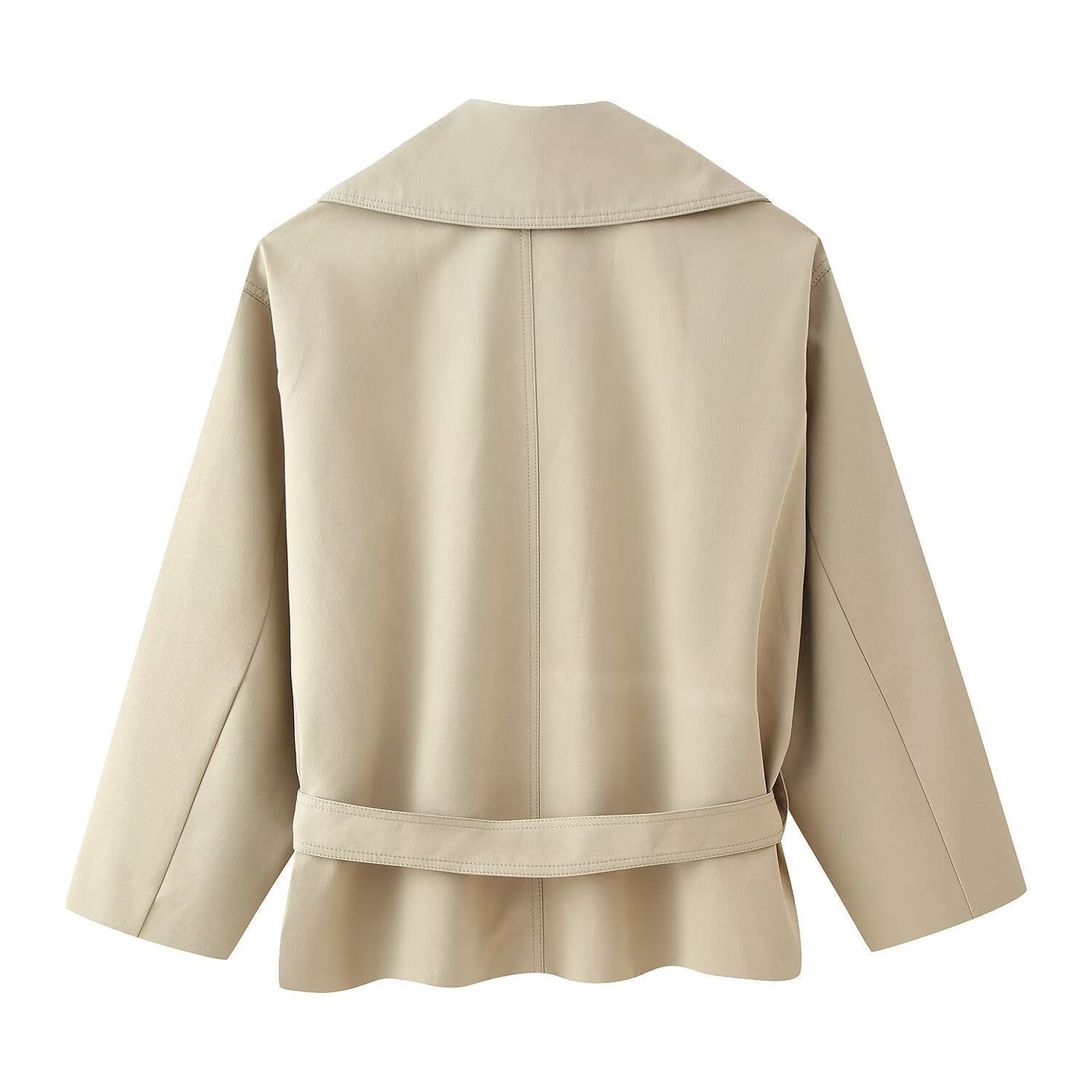 Luxe Foldover-Lapel Belted Jacket – Beige