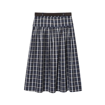 Luxe Belted Plaid Midi Skirt - Navy