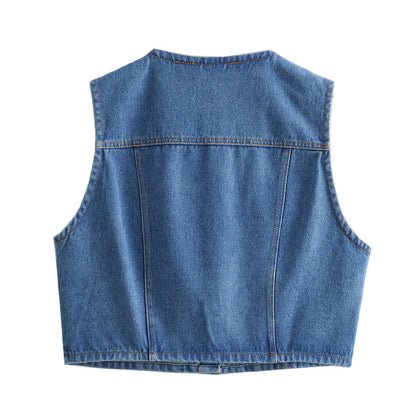 Urban Relaxed Denim Button Vest - Blue