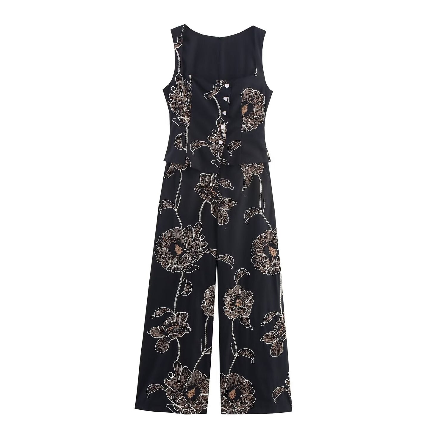 Luxe Floral-Linework Jumpsuit - Black