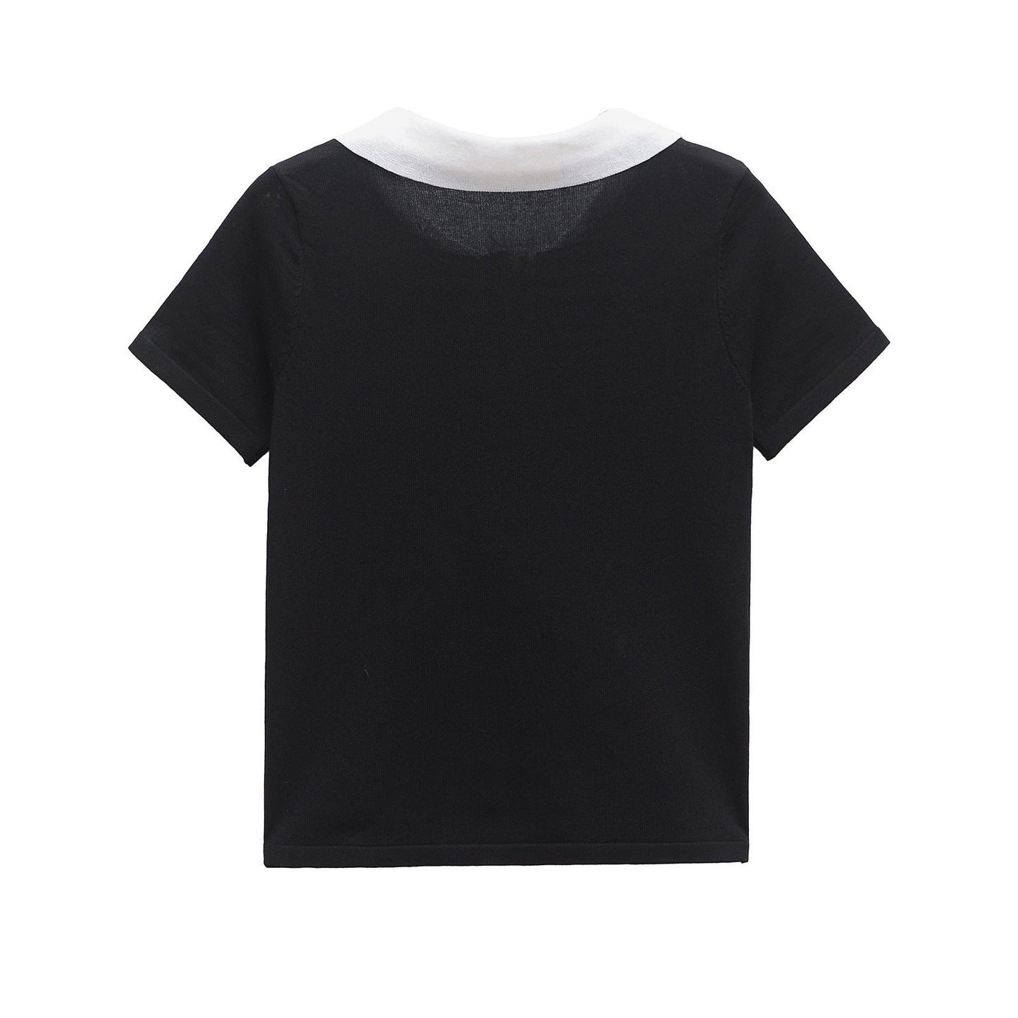 Chic Contrast Knitted Polo Top - Black