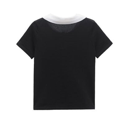 Chic Contrast Knitted Polo Top - Black