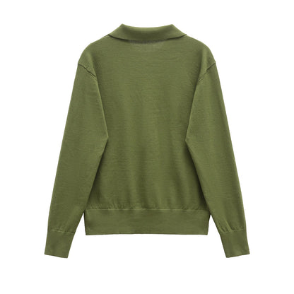 Effortless Collared Knit Polo Sweater - Olive Green