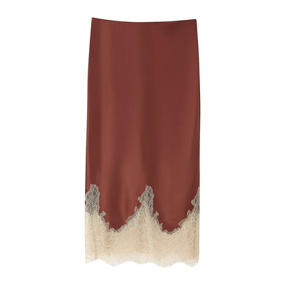 Luxe Lace Trim Midi Skirt - Brown