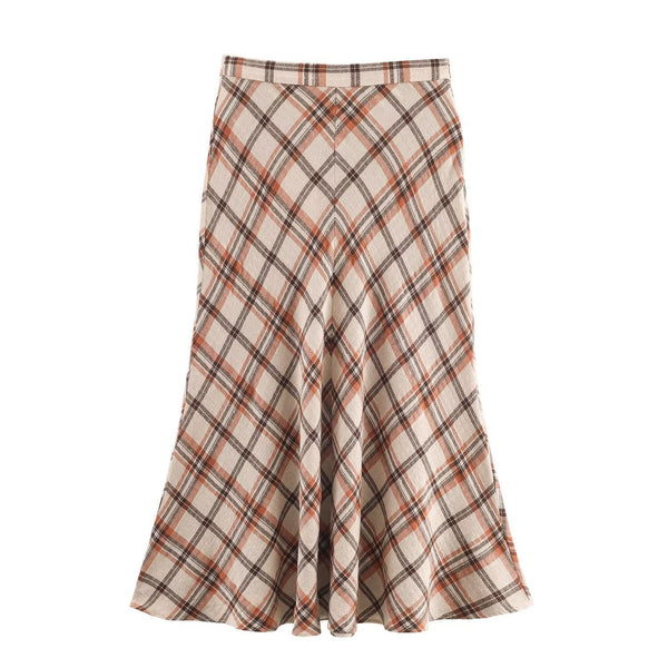 Luxe Plaid Midi Skirt - Beige