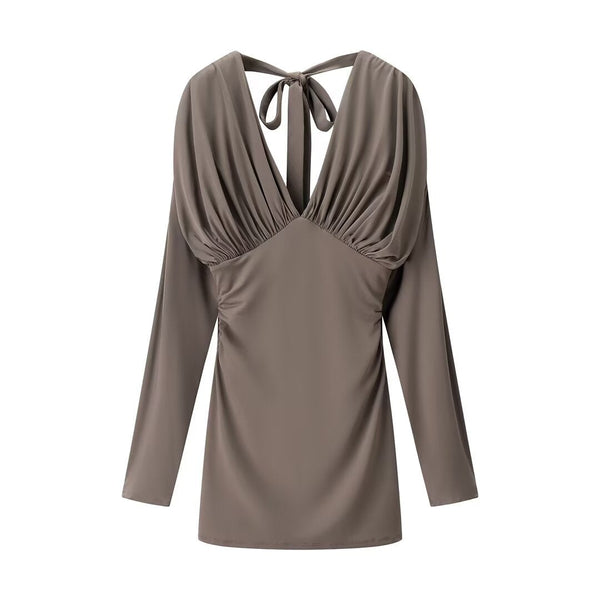 Luxe Tie-Neck Gathered Dress - Brown