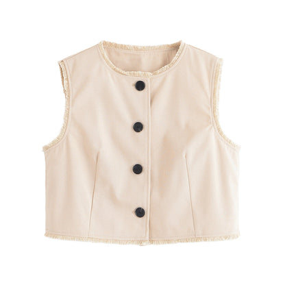 Luxe Frayed Edge Tailored Vest - Beige