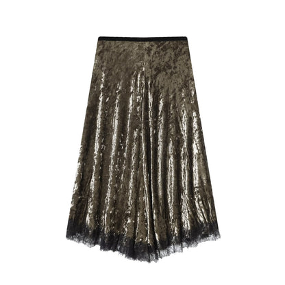 Luxe Velvet Lace Midi Skirt - Green