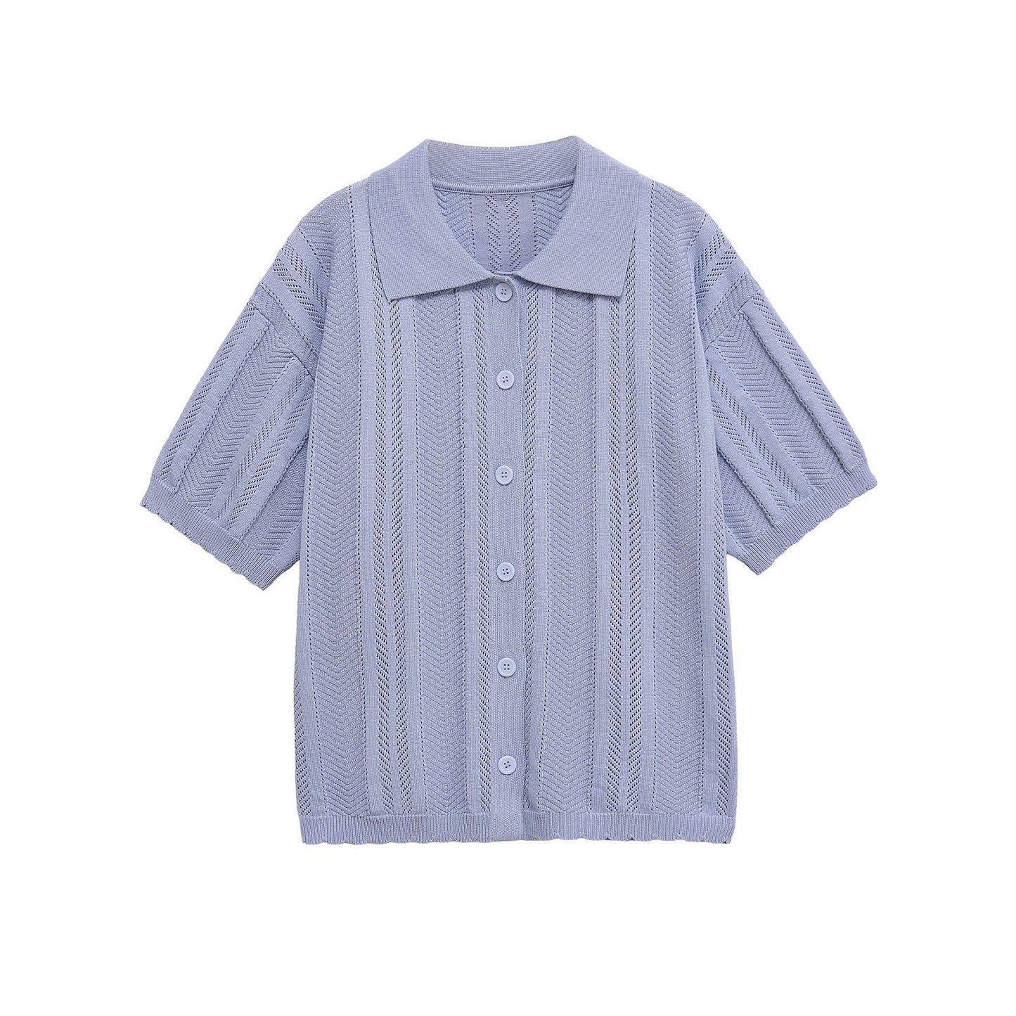 Delicate Textured Knit Short Sleeve Polo Top - Blue