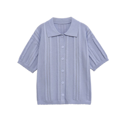 Delicate Textured Knit Short Sleeve Polo Top - Blue