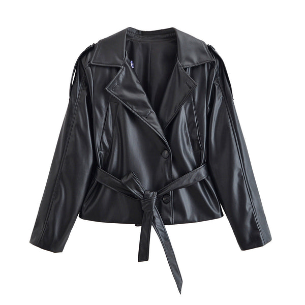 Edge Ruched-Shoulder Belted Leather Jacket – Black
