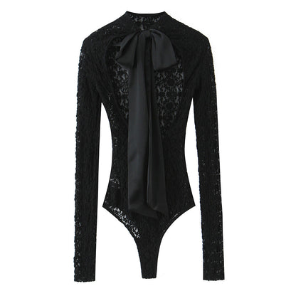 Edge Lace-Sheer Long-Sleeve Bodysuit - Black