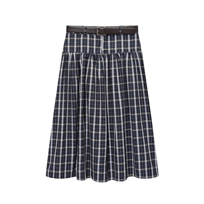 Luxe Belted Plaid Midi Skirt - Navy