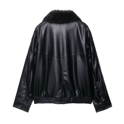Luxe Leather-Panel Faux-Fur Jacket – Black
