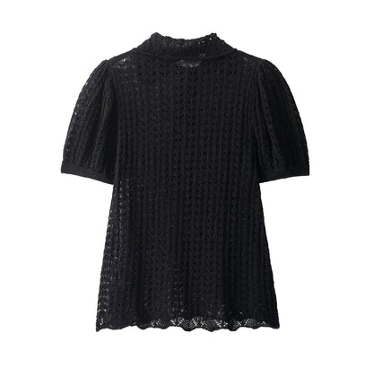 Chic Crochet Knit Puff Sleeve Polo Top -  Black