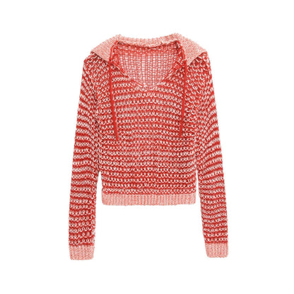 Relaxed Open Knit Striped Hooded Sweater - Red