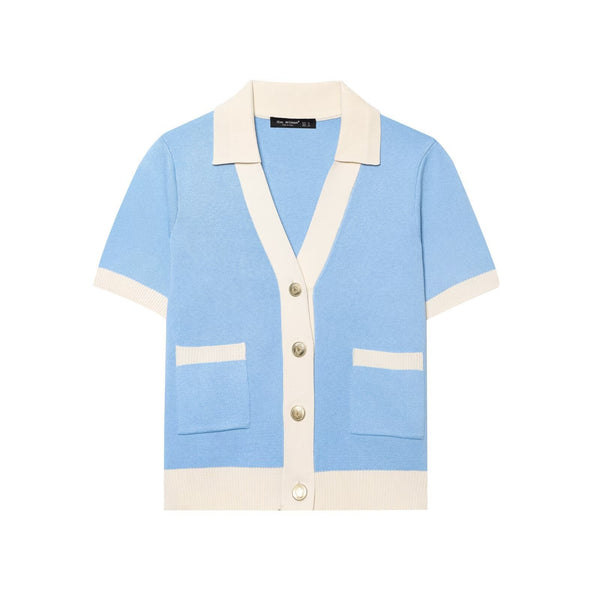Essential Contrast-Trim Buttoned Top - Blue