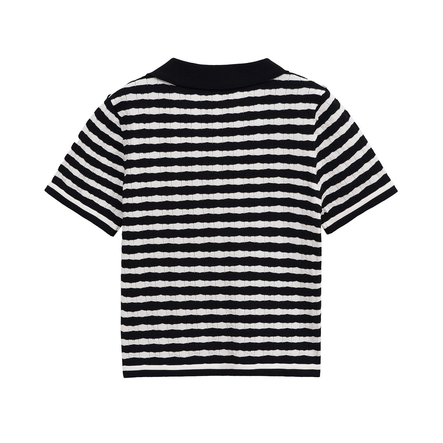 Flattering Ribbed Knit Striped Polo Top