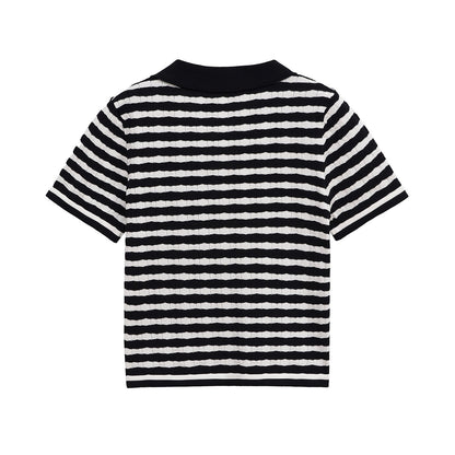 Flattering Ribbed Knit Striped Polo Top