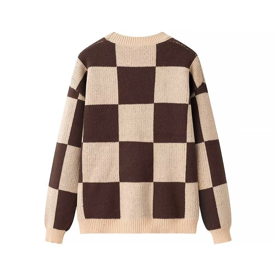 Vintage Checkerboard Sweater - Brown