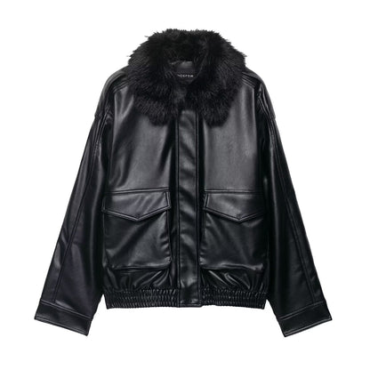 Luxe Leather-Panel Faux-Fur Jacket – Black