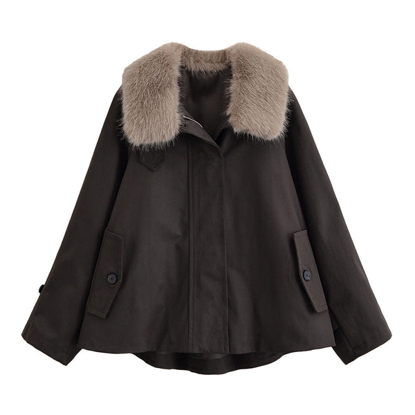 Luxe Plush-Collar Swing Jacket – Brown