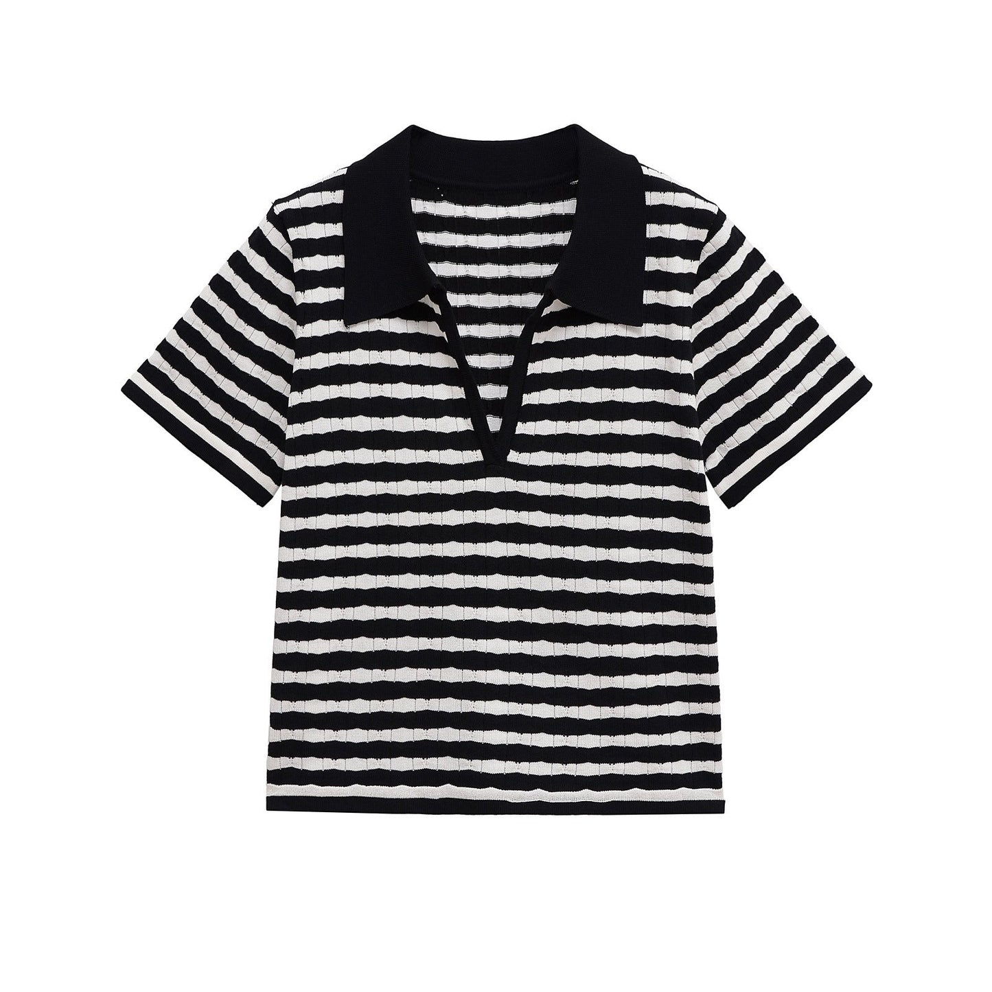 Flattering Ribbed Knit Striped Polo Top