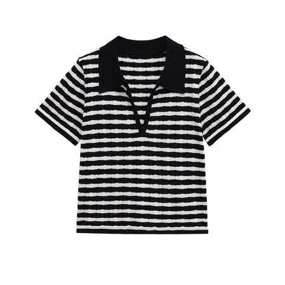 Flattering Ribbed Knit Striped Polo Top