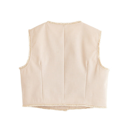 Luxe Frayed Edge Tailored Vest - Beige
