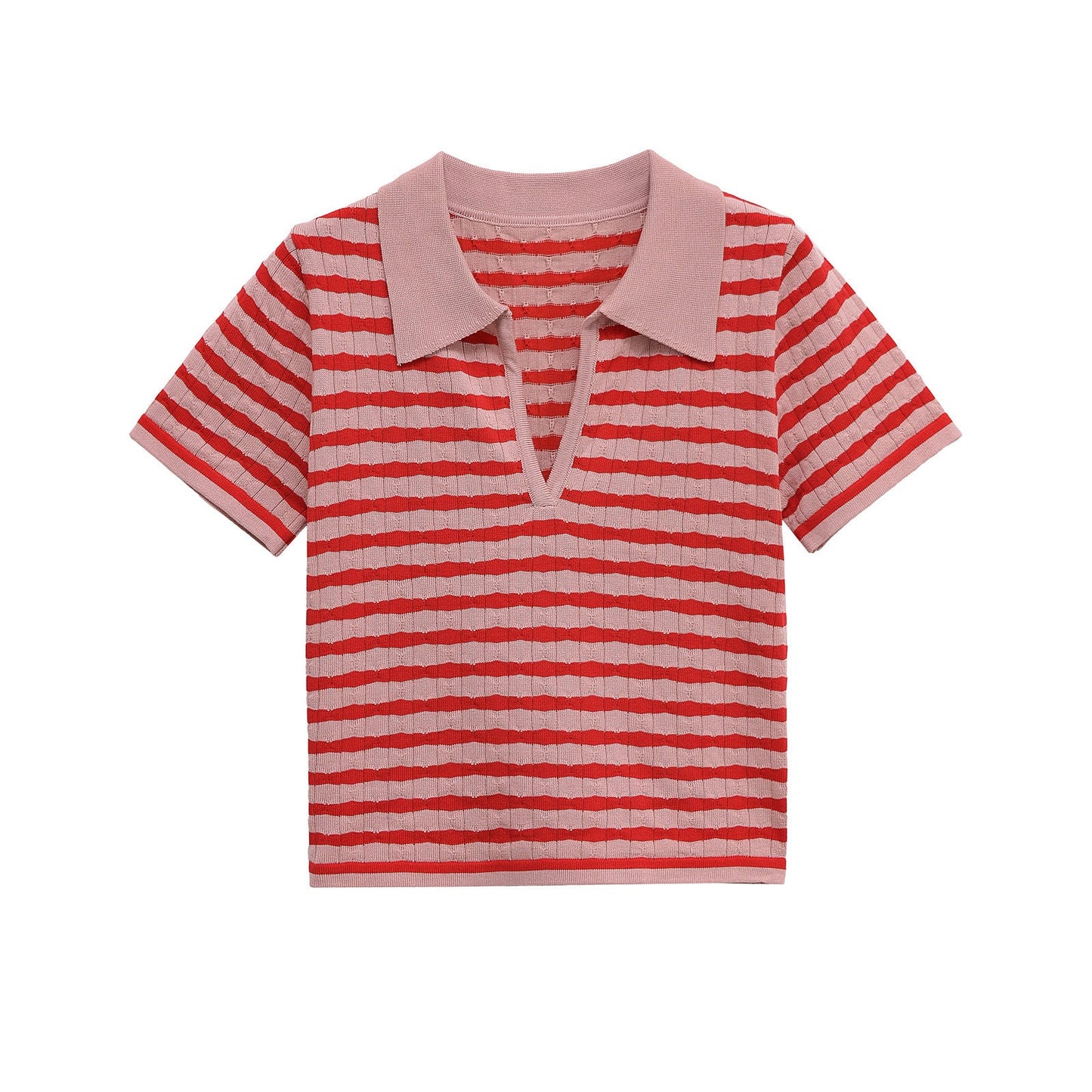 Flattering Ribbed Knit Striped Polo Top
