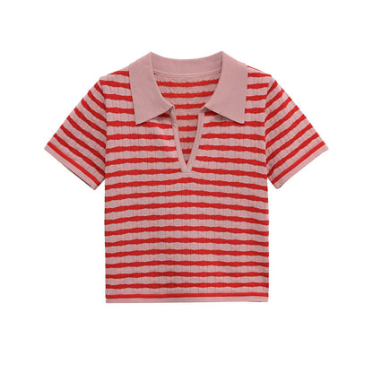 Flattering Ribbed Knit Striped Polo Top